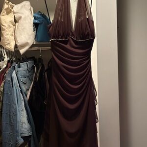 Betsy and Adam Brown Halter Evening Dress with Beaded Trim